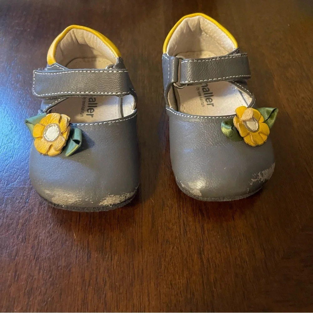 Gray Baby Shoes with Yellow Flower Accent